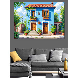 Mavi Panjurlu Taş Ev Dekoratif Kanvas - Mdf Ahşap Tablo