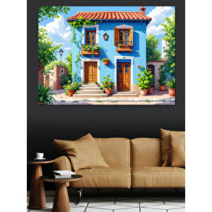 Mavi Panjurlu Taş Ev Dekoratif Kanvas - Mdf Ahşap Tablo