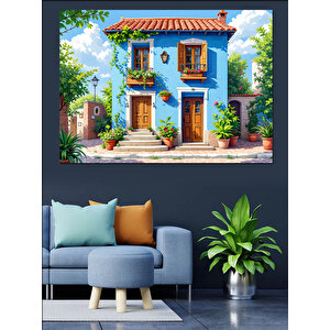 Mavi Panjurlu Taş Ev Dekoratif Kanvas - Mdf Ahşap Tablo 50x70 cm