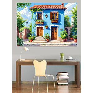 Mavi Panjurlu Taş Ev Dekoratif Kanvas - Mdf Ahşap Tablo 50x70 cm