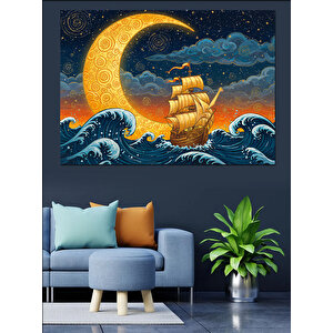 Ay Işığında Yelkenli Dekoratif Kanvas - Mdf Ahşap Tablo 35x50 cm