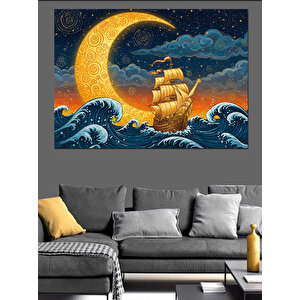 Ay Işığında Yelkenli Dekoratif Kanvas - Mdf Ahşap Tablo
