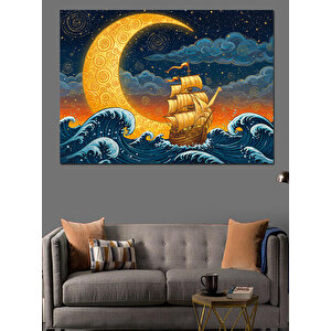 Ay Işığında Yelkenli Dekoratif Kanvas - Mdf Ahşap Tablo 50x70 cm
