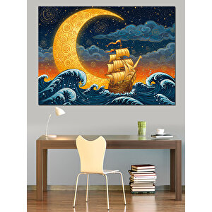 Ay Işığında Yelkenli Dekoratif Kanvas - Mdf Ahşap Tablo 50x70 cm