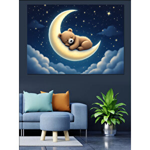 Ay Üzerinde Uyuyan Ayı Dekoratif Kanvas - Mdf Ahşap Tablo 35x50 cm