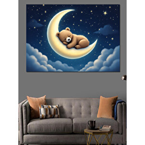 Ay Üzerinde Uyuyan Ayı Dekoratif Kanvas - Mdf Ahşap Tablo 35x50 cm