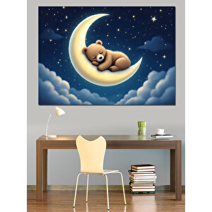 Ay Üzerinde Uyuyan Ayı Dekoratif Kanvas - Mdf Ahşap Tablo 35x50 cm