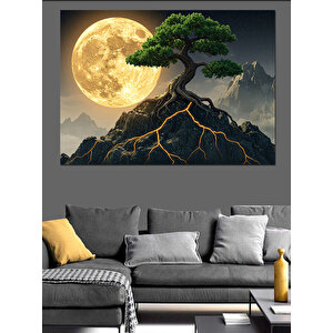 Dağ Üzerinde Parlayan Ay Dekoratif Kanvas - Mdf Ahşap Tablo 50x70 cm
