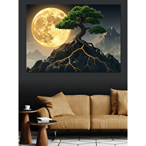 Dağ Üzerinde Parlayan Ay Dekoratif Kanvas - Mdf Ahşap Tablo 50x70 cm