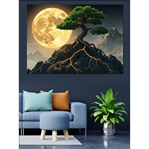 Dağ Üzerinde Parlayan Ay Dekoratif Kanvas - Mdf Ahşap Tablo 50x70 cm