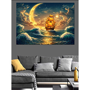 Ay Işığında Yelkenli Dekoratif Kanvas - Mdf Ahşap Tablo 70x100 cm