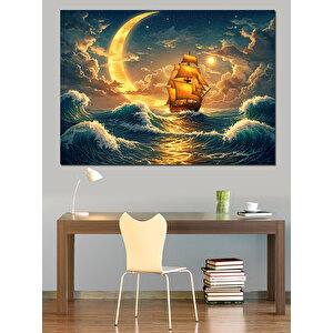 Ay Işığında Yelkenli Dekoratif Kanvas - Mdf Ahşap Tablo 35x50 cm
