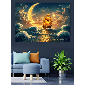 Ay Işığında Yelkenli Dekoratif Kanvas - Mdf Ahşap Tablo