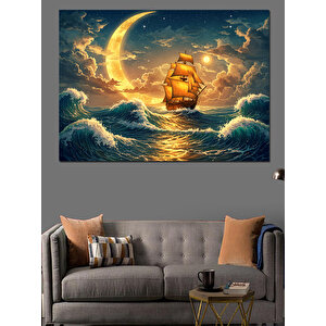 Ay Işığında Yelkenli Dekoratif Kanvas - Mdf Ahşap Tablo