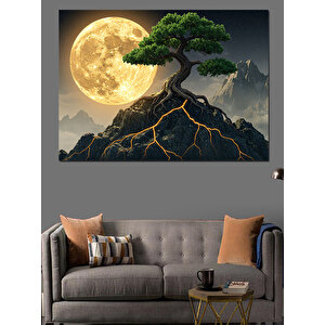 Dağ Üzerinde Parlayan Ay Dekoratif Kanvas - Mdf Ahşap Tablo