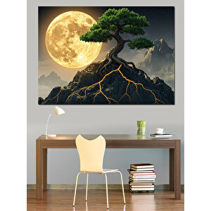 Dağ Üzerinde Parlayan Ay Dekoratif Kanvas - Mdf Ahşap Tablo