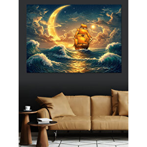 Ay Işığında Yelkenli Dekoratif Kanvas - Mdf Ahşap Tablo 100x140 cm