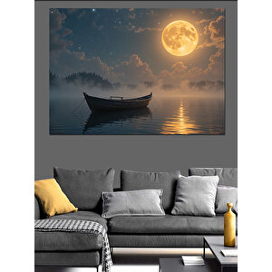 Ay Işığında Kayık Dekoratif Kanvas - Mdf Ahşap Tablo 35x50 cm