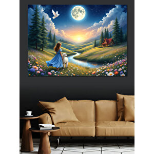 Doğada Ay Manzaralı Çocuk Dekoratif Kanvas - Mdf Ahşap Tablo