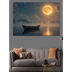 Ay Işığında Kayık Dekoratif Kanvas - Mdf Ahşap Tablo 70x100 cm