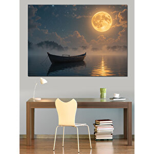 Ay Işığında Kayık Dekoratif Kanvas - Mdf Ahşap Tablo 70x100 cm