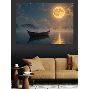 Ay Işığında Kayık Dekoratif Kanvas - Mdf Ahşap Tablo