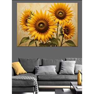 Gülümseyen Sarı Ayçiçekler Dekoratif Kanvas - Mdf Ahşap Tablo 50x70 cm