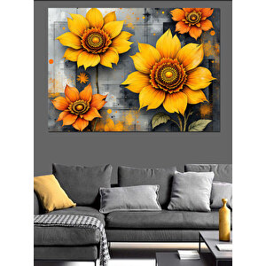 Turuncu Sarı Ayçiçekler Dekoratif Kanvas - Mdf Ahşap Tablo 100x140 cm