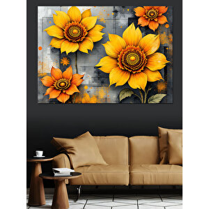 Turuncu Sarı Ayçiçekler Dekoratif Kanvas - Mdf Ahşap Tablo 100x140 cm