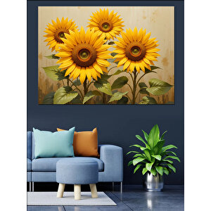 Beyaz Duvar Önü Ayçiçekleri Dekoratif Kanvas - Mdf Ahşap Tablo