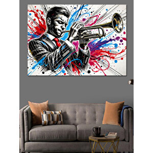 Renk Patlamalı Trompetçi Adam Dekoratif Kanvas - Mdf Ahşap Tablo 35x50 cm