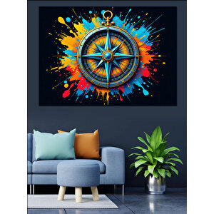 Renk Patlamalı Pusula İkonu Dekoratif Kanvas - Mdf Ahşap Tablo 25x35 cm