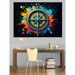 Renk Patlamalı Pusula İkonu Dekoratif Kanvas - Mdf Ahşap Tablo 25x35 cm