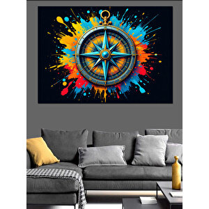 Renk Patlamalı Pusula İkonu Dekoratif Kanvas - Mdf Ahşap Tablo