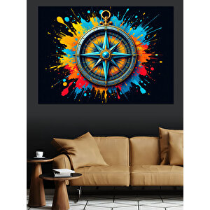 Renk Patlamalı Pusula İkonu Dekoratif Kanvas - Mdf Ahşap Tablo