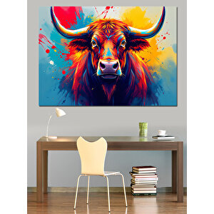 Renk Patlayan Kızgın Boğa Dekoratif Kanvas - Mdf Ahşap Tablo