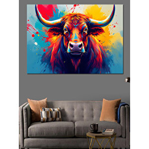 Renk Patlayan Kızgın Boğa Dekoratif Kanvas - Mdf Ahşap Tablo 70x100 cm