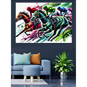 Renk Patlamalı Yarış Atları Dekoratif Kanvas - Mdf Ahşap Tablo 70x100 cm