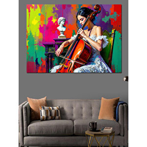 Renk Sıçramalı Viyolonsel Kadın Dekoratif Kanvas - Mdf Ahşap Tablo