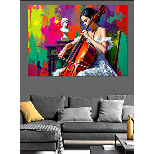 Renk Sıçramalı Viyolonsel Kadın Dekoratif Kanvas - Mdf Ahşap Tablo 35x50 cm