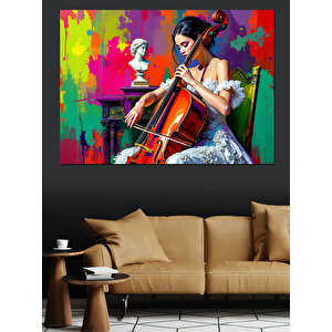 Renk Sıçramalı Viyolonsel Kadın Dekoratif Kanvas - Mdf Ahşap Tablo 35x50 cm