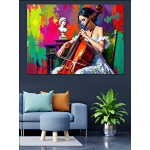Renk Sıçramalı Viyolonsel Kadın Dekoratif Kanvas - Mdf Ahşap Tablo 35x50 cm
