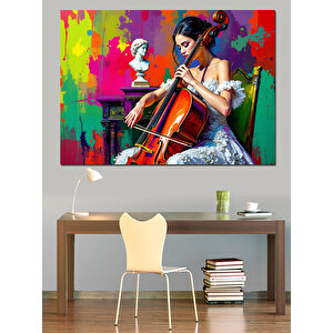 Renk Sıçramalı Viyolonsel Kadın Dekoratif Kanvas - Mdf Ahşap Tablo