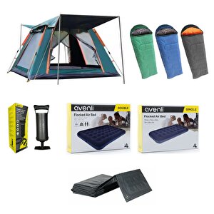 Yek Outdoor 6 Kişilik Tam Otomatik Tenteli Kamp Çadırı- 3 Adet 0°uyku Tulumu-şişme Yatak