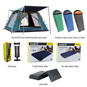 Yek Outdoor 6 Kişilik Tam Otomatik Tenteli Kamp Çadırı- 3 Adet 0°uyku Tulumu-şişme Yatak