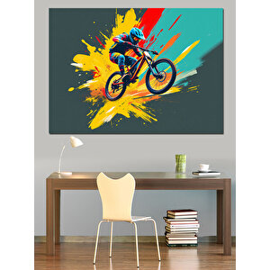Sıçrayan Renkli Bisikletçi Dekoratif Kanvas - Mdf Ahşap Tablo 50x70 cm