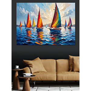 Renkli Yelkenli Tekneler Dekoratif Kanvas - Mdf Ahşap Tablo 25x35 cm