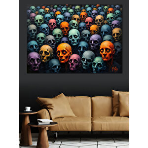 Renkli Kafatası Dizilimi Dekoratif Kanvas - Mdf Ahşap Tablo 100x140 cm