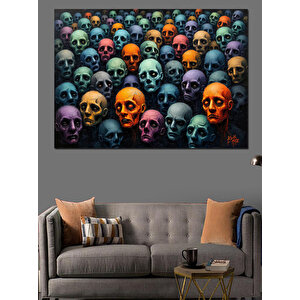 Renkli Kafatası Dizilimi Dekoratif Kanvas - Mdf Ahşap Tablo