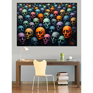 Renkli Kafatası Dizilimi Dekoratif Kanvas - Mdf Ahşap Tablo